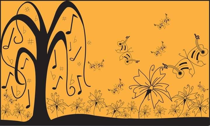 an illustration by Eric Rodrigues depicting a field of Music where a tree bears fruits of Musical Notes and Butterflies have wings with piano and a guitar.